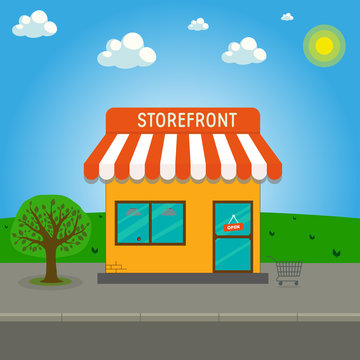 Storefront vector illustration in flat style. Online shop. Store building cartoon facade front viewbehind the green lawn
