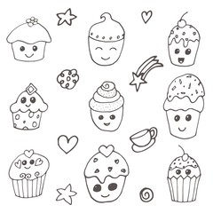 Set of 9 cupcakes in hand drawn style