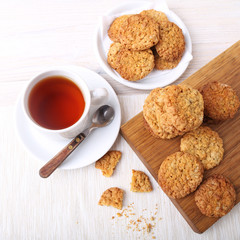Tasty cookies and cup of  tea. Top view