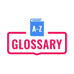 Glossary. Badge with book icon. Flat vector illustration on white background.