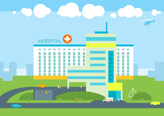Hospital building, doctors patients clinic, ambulance car and helicopter. City landscape panoramic urban background. Medical health concept flat illustration