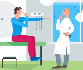 Patient doctor medical examination. Doctor neurologist examining young man for diagnosis in hospital room. Simple flat cartoon illustration