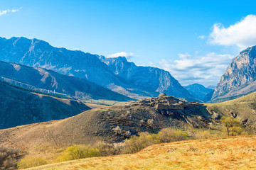 scenery of spring day landscape of Caucasus mountains and Egikal ancient towers in Republic...