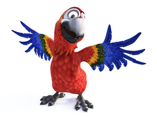 3D rendering of cartoon parrot smiling and holding its wings out.