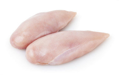 Raw skinless chicken breast fillet isolated on white background with clipping path