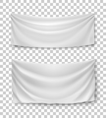 White banner flags, mockup. Wide horizontal tempalte canvases for advertising, ads, symbols and elements. Realistic vector illustration