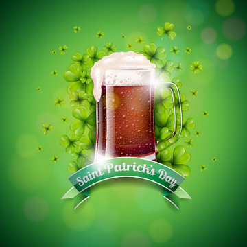 Saint Patricks Day Design with Fresh Dark Beer and Falling Clovers Leaf on Green Background. Irish Holiday Vector Illustration for Greeting Card, Party Invitation or Promo Banner.