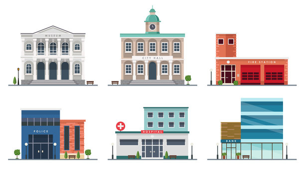 Set of city buildings - city hall, museum, police station, fire station, hospital, bank, illustration in flat style, design template