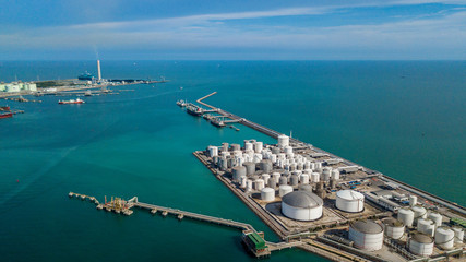 Aerial view of tank farm for bulk petroleum and gasoline storage, Crude oil storage terminal,...