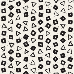 Hand drawn black and white ink abstract seamless pattern. Vector stylish grunge texture. Monochrome geometric scattered shapes