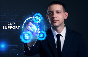 Business, Technology, Internet and network concept. Young businessman working on a virtual screen of the future and sees the inscription: 24-7 Support