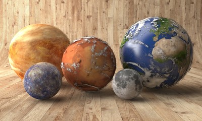 Planets on a wooden table