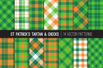 St Patrick's Day Tartan Vector Patterns. Green and Orange Gingham Plaid. Irish Flag Color Backgrounds. Traditional Textile Prints. Repeating Pattern Tile Swatches Included.