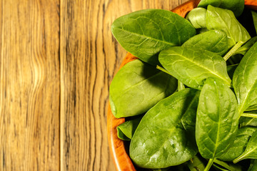 Spinach on the plate, top view. Place for text. Vegetarianism.