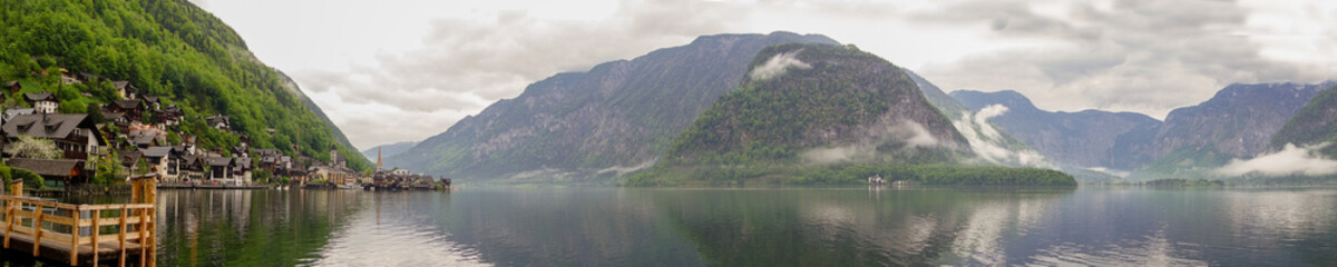 Panoramic view of Hallstatt see and Hallstat village, Austria