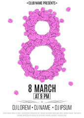 Template for party on March 8. Invitation card to the night club. Figure 8 of the purpe tulip petals. Women's Day. Names of the club and DJ. Vector illustration