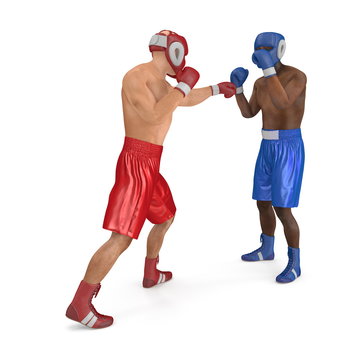 Two men boxer wearing helmet and gloves boxing on white. 3D illustration
