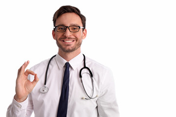 Fototapeta premium smart handsome bearded medical doctor in glasses with Stethoscope to listen to your heart isolated on white background