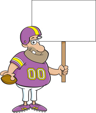 Cartoon illustration of a football player holding a sign.