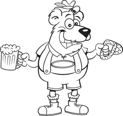 Black and white illustration of a bear holding a beer mug and a pretzel.