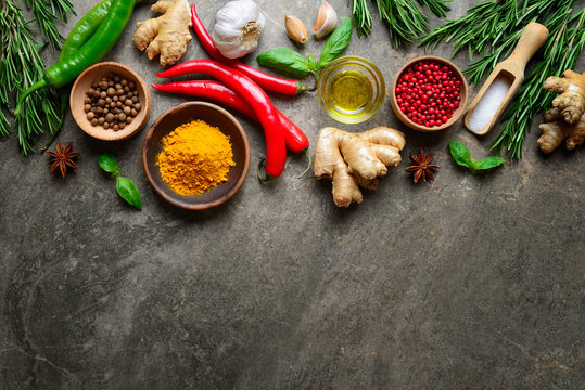 Spices, herbs and various other culinary ingredients background