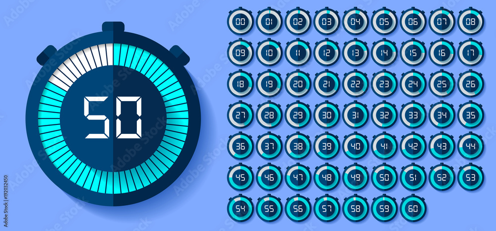 Poster stopwatch icons set in flat style, timers on color background. sport clock. vector design element fo
