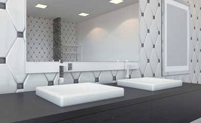 Fototapeta na wymiar Scandinavian bathroom, classic vintage interior design. 3D rendering. Empty paintings