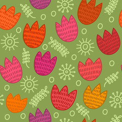 Pattern from hand drawn tulips on green background. Spring vector illustration.