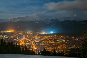 Zakopane at night - aerial view in winter