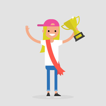 Awards ceremony. Young female successful character wearing a red ribbon and holding a champion cup. Achievement. Flat editable vector illustration, clip art