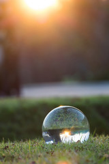 Crystal ballon on green grass near sunset,enviroment saving, abstract meaning environment in your hand.