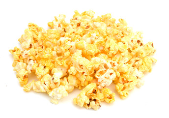 fresh popped popcorn isolated on white background