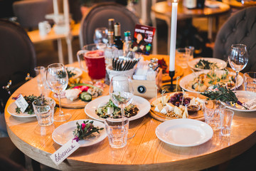 festively decorated table in the interior of the restaurant