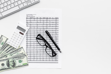 Pay bills and taxes. Papers, calculator, money on white background top view copy space