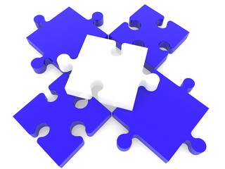 White puzzle piece on four connected blue puzzle pieces