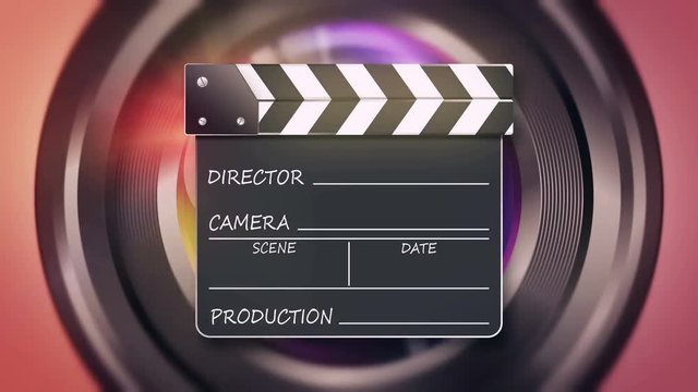 Lens camera with movie clapper. 4K UHD animated introduction video.