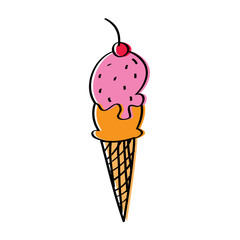 ice cream cone waffle cherry fruit sweet vector illustration