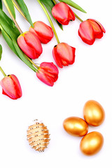 Easter symbols concept. Tulips in pink or red colors
