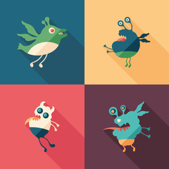 Happy monsters flat square icons with long shadows. Set 7