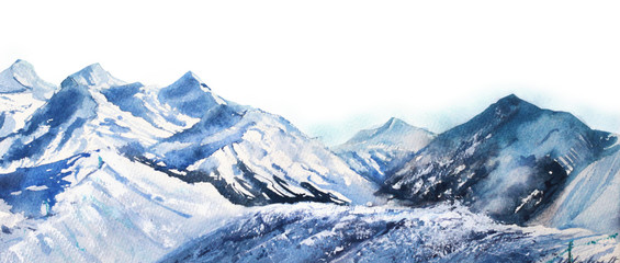 Halna zima śniegu szczytu akwarela w błękitnym brzmieniu na białym tle - 192036608