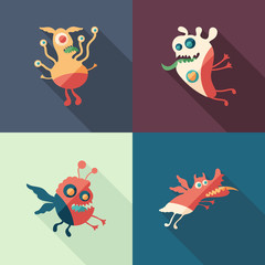 Happy monsters flat square icons with long shadows. Set 10