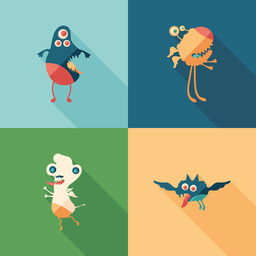 Happy monsters flat square icons with long shadows. Set 8