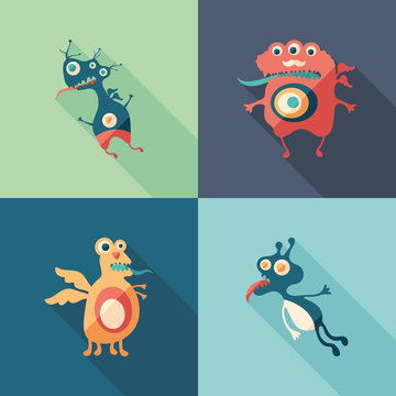 Happy monsters flat square icons with long shadows. Set 9