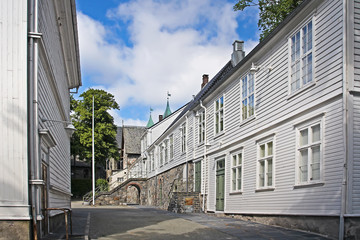 Historic white wooden buildings in Stavanger