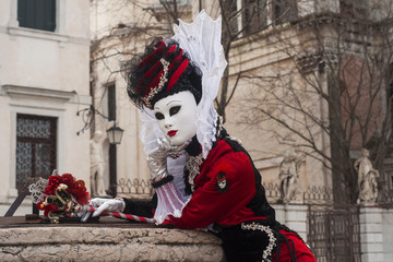 Carnevale di Venezia 2018. Machera di fronte alla chiesa di Santa Maria della Salute (Venezia).