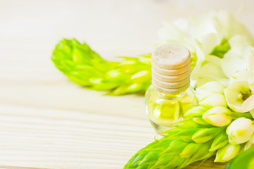 Avocado oil skin and hair care home spa. Bottle of oil, jar of mask, bathroom towel. Avocado and flowers. White board background