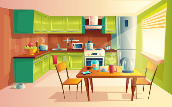Vector cartoon illustration of cozy modern kitchen with appliances, fridge, stove, toaster, microwave, kettle. Comfortable and clean dining-room, interior inside, concept with furniture and tableware