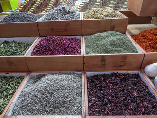 Jerusalem, Israel -  spices shop in Arabic Bazaar in Old City offers middle east traditional...