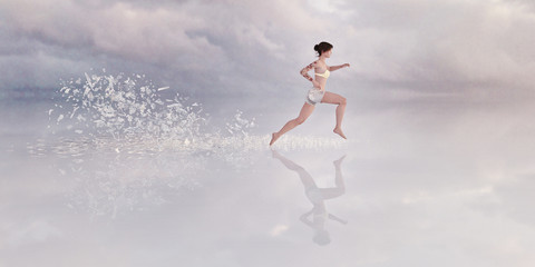 Shards breaking from floor behind running woman