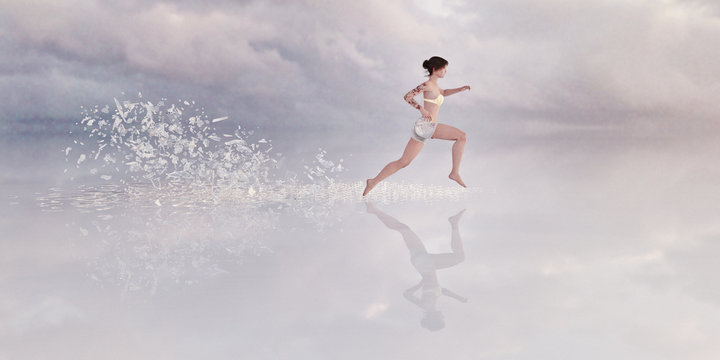 Shards breaking from floor behind running woman - Powered by Adobe